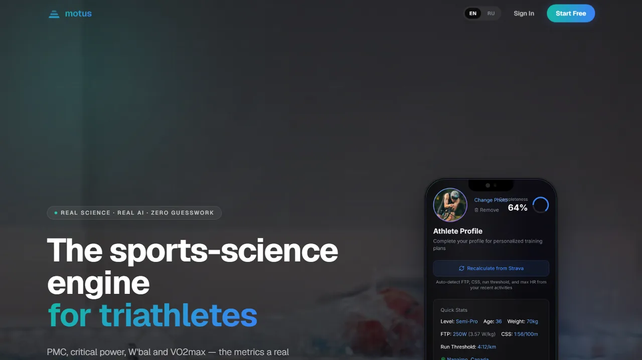 The getmotus.fit home screen: the headline 'The sports-science engine for triathletes' beside a phone showing an athlete profile with FTP, CSS and run threshold